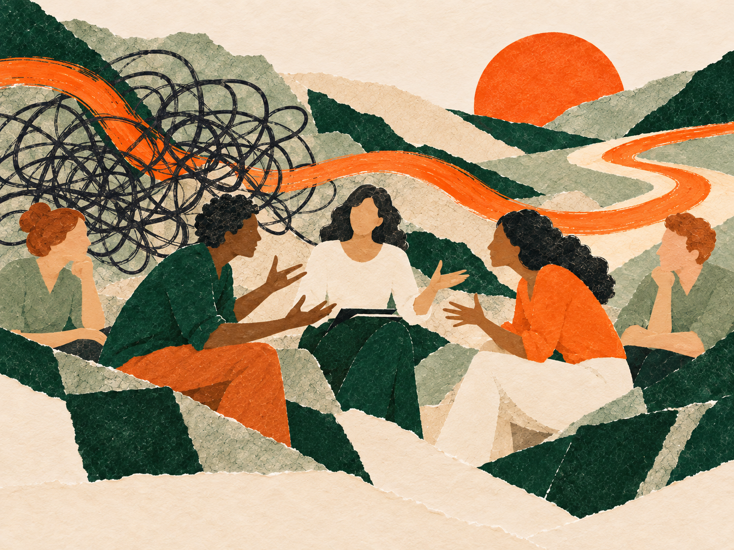 Illustration: verknäuelte Linien, die sich zu einem orangefarbenen Fluss ordnen