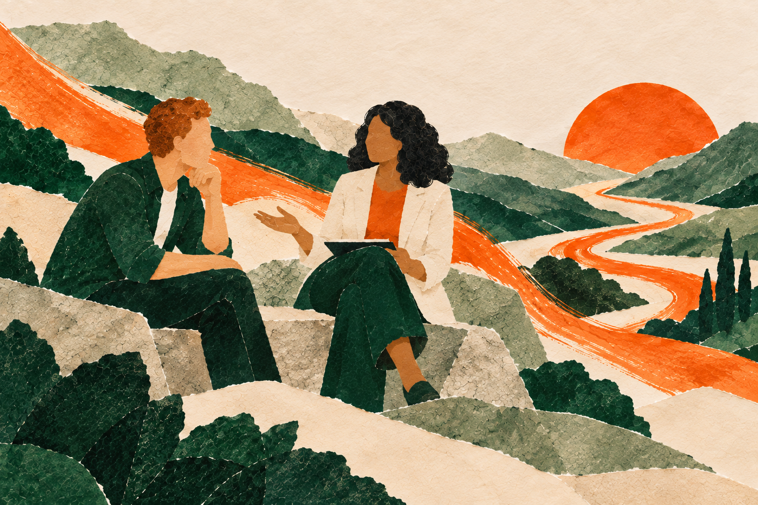 Illustration: zwei Menschen im Coaching-Gespräch vor einer Berglandschaft mit orangefarbenem Weg
