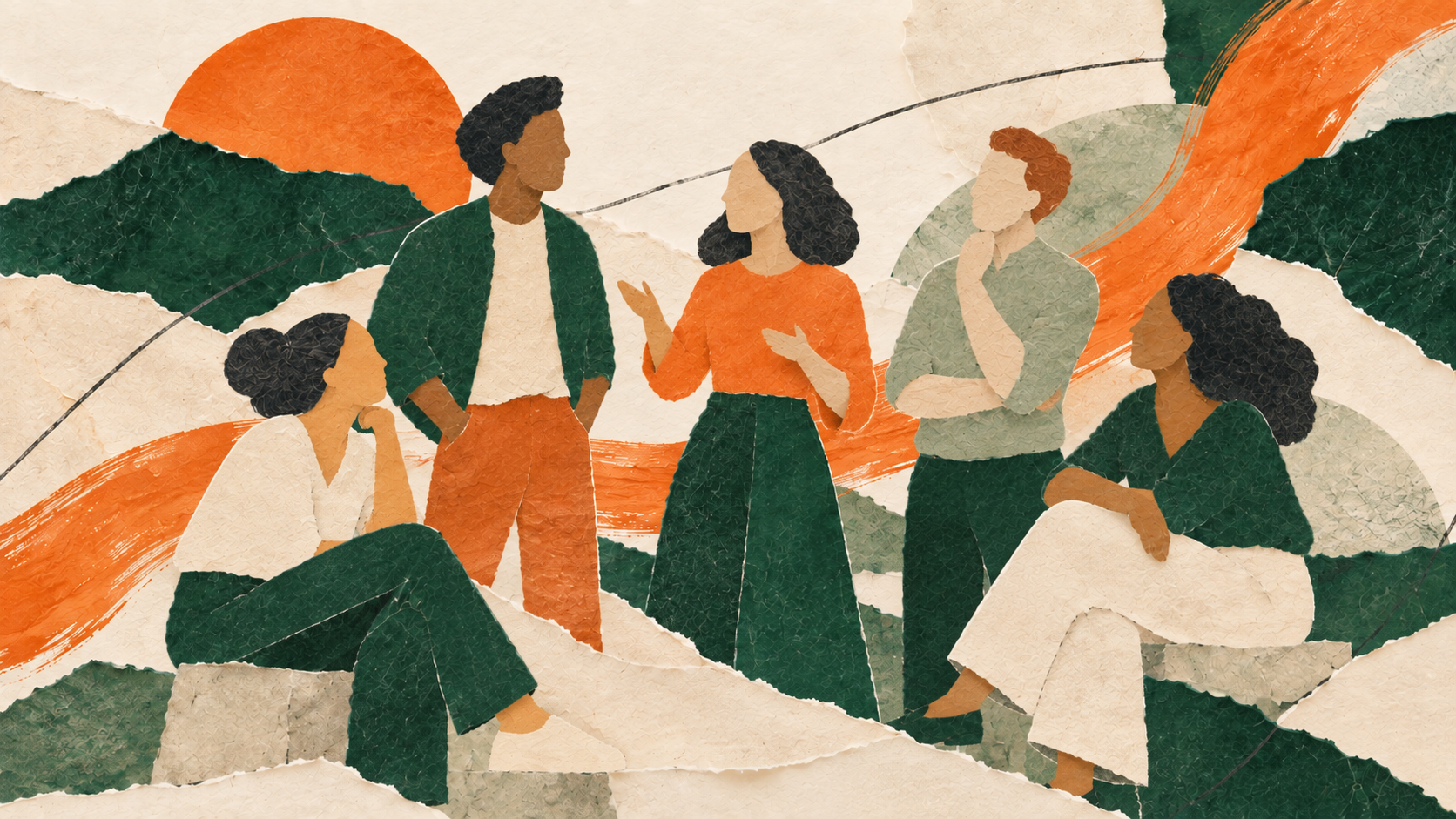 Illustration von fünf Menschen im Gespräch vor grünen und orangefarbenen Formen