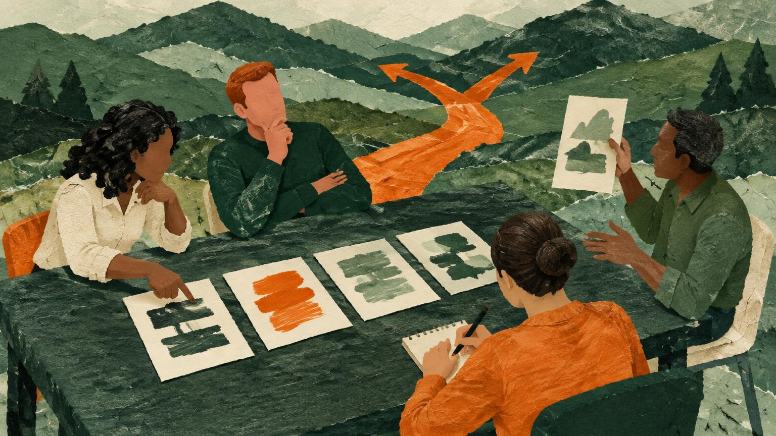 Illustration: Vier Personen vergleichen Antwortblätter an einem Tisch. Eine zeigt auf ein Blatt, eine hält eines hoch, eine macht Notizen. Im Hintergrund gabelt sich ein orangefarbener Weg zwischen grünen Bergen.