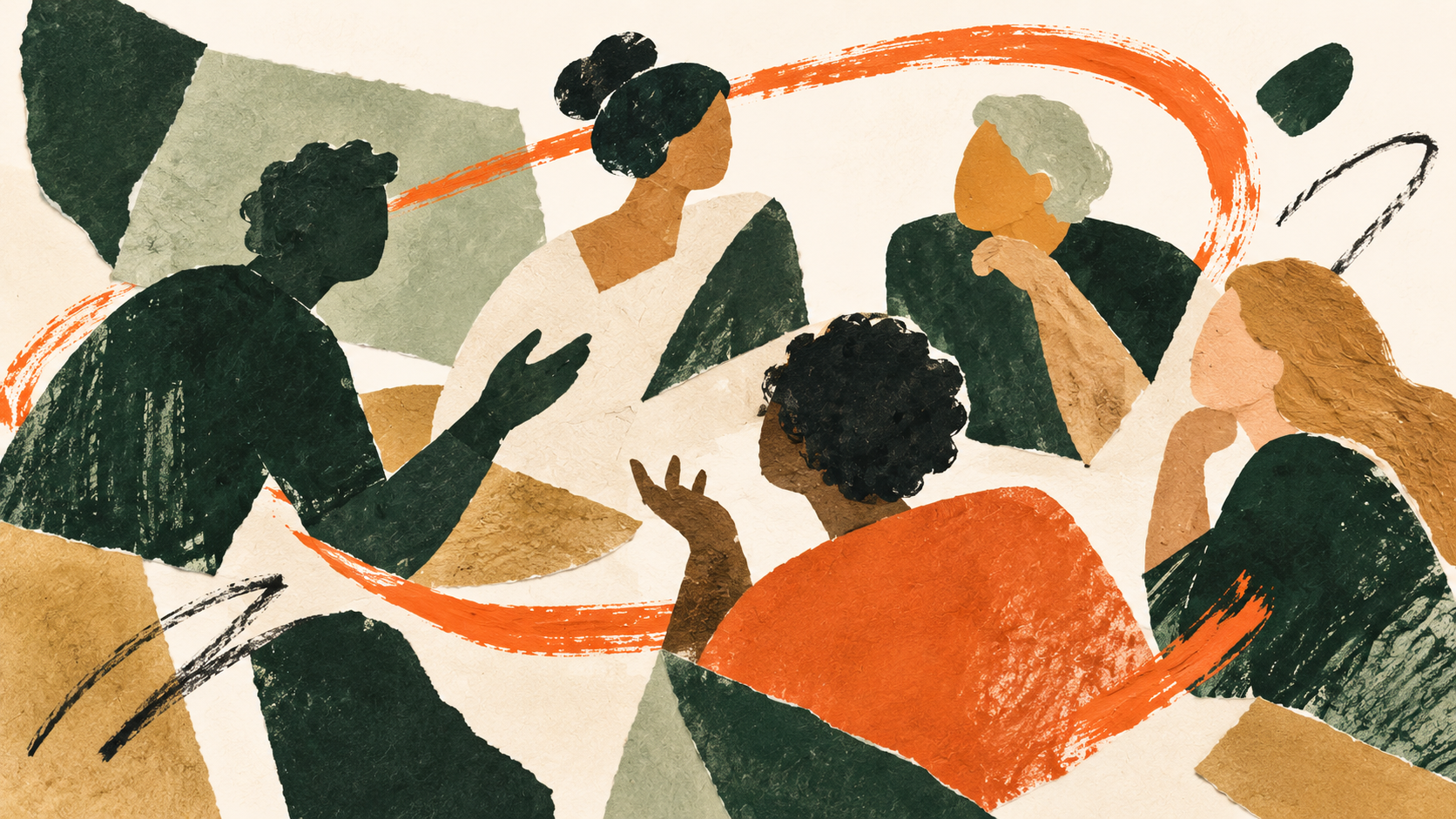 Illustration: Menschen im Gespräch, verbunden durch orangefarbene Pinselstriche