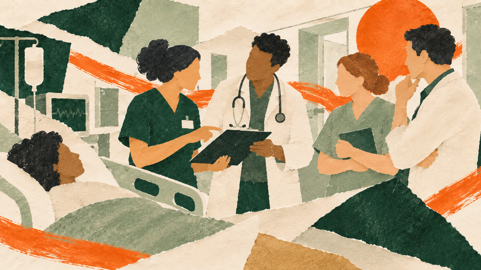 Illustration: Pflegefachkraft, Assistenzärztin und Ärzte im Gespräch auf einer Station, eine Patientin im Bett